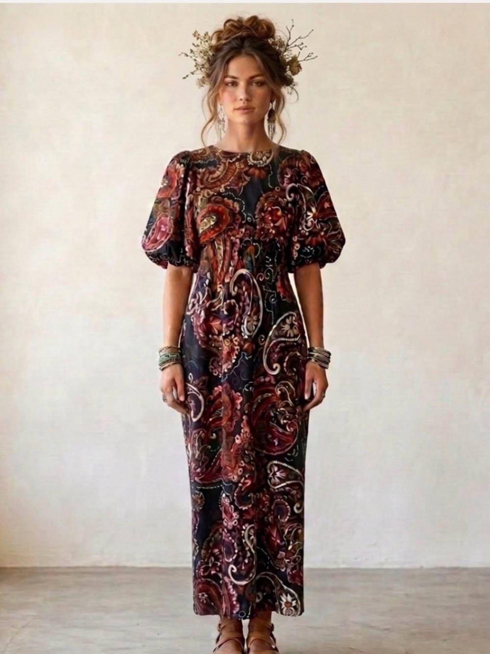 Anthropologie Kachel Paisley Printed Puff Sleeve Midi Dress, Size M Boho / Fall